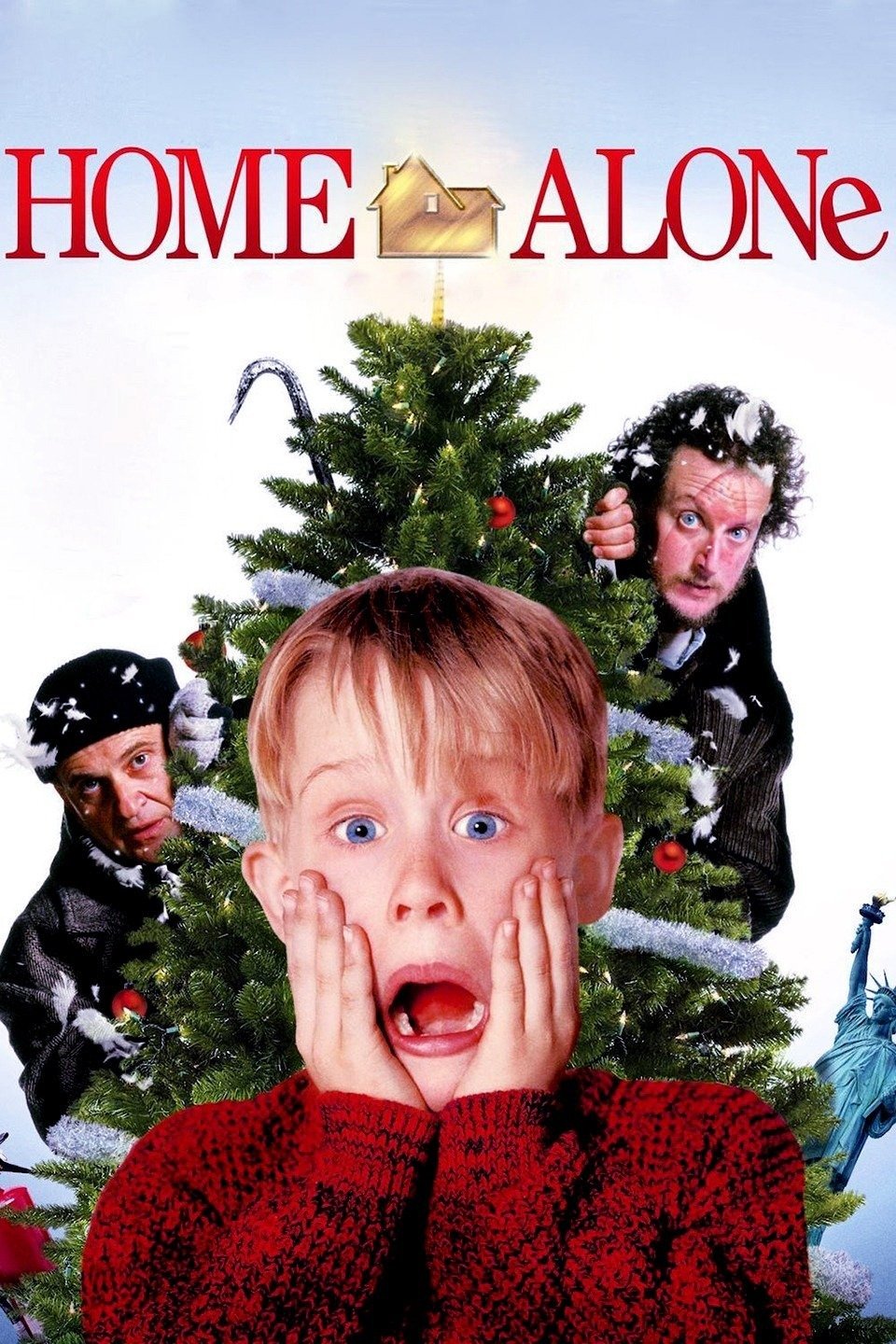 Home Alone movie poster with Kevin slapping his hands to his cheeks and the robbers peeking out from behind a christmas tree in the background