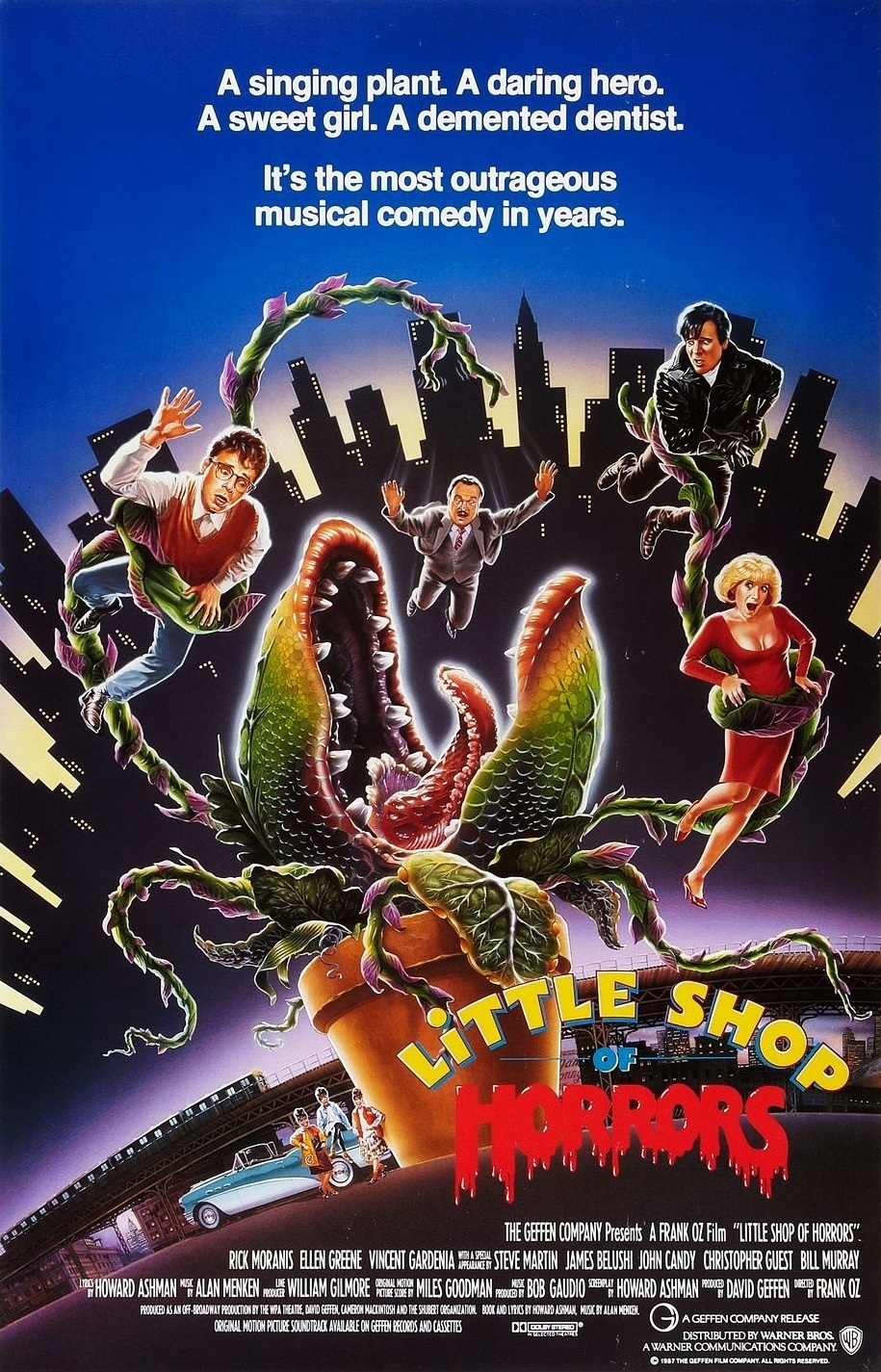 Movie theater poster for Little shop of horrors showing the plant and cast in front of a city skyline