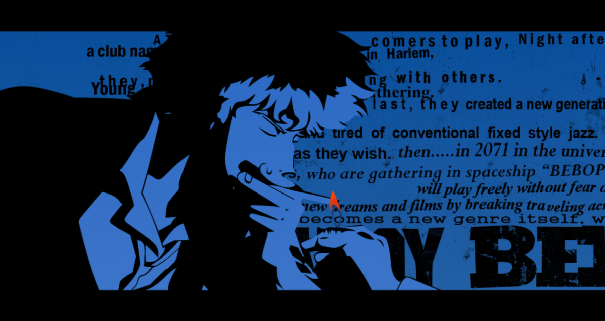 Spike Spiegel smoking in black and blue image with text in the background from the opening credits of Cowboy Bebop