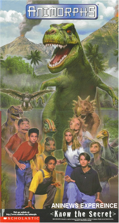 Cover of animorphs book with four children morphing into dinosaur forms and a t-rex behind them