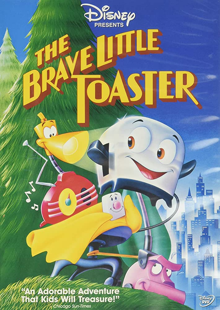 Animated anthropomorphic appliances roam through the wilderness on this movie poster for brave little toaster