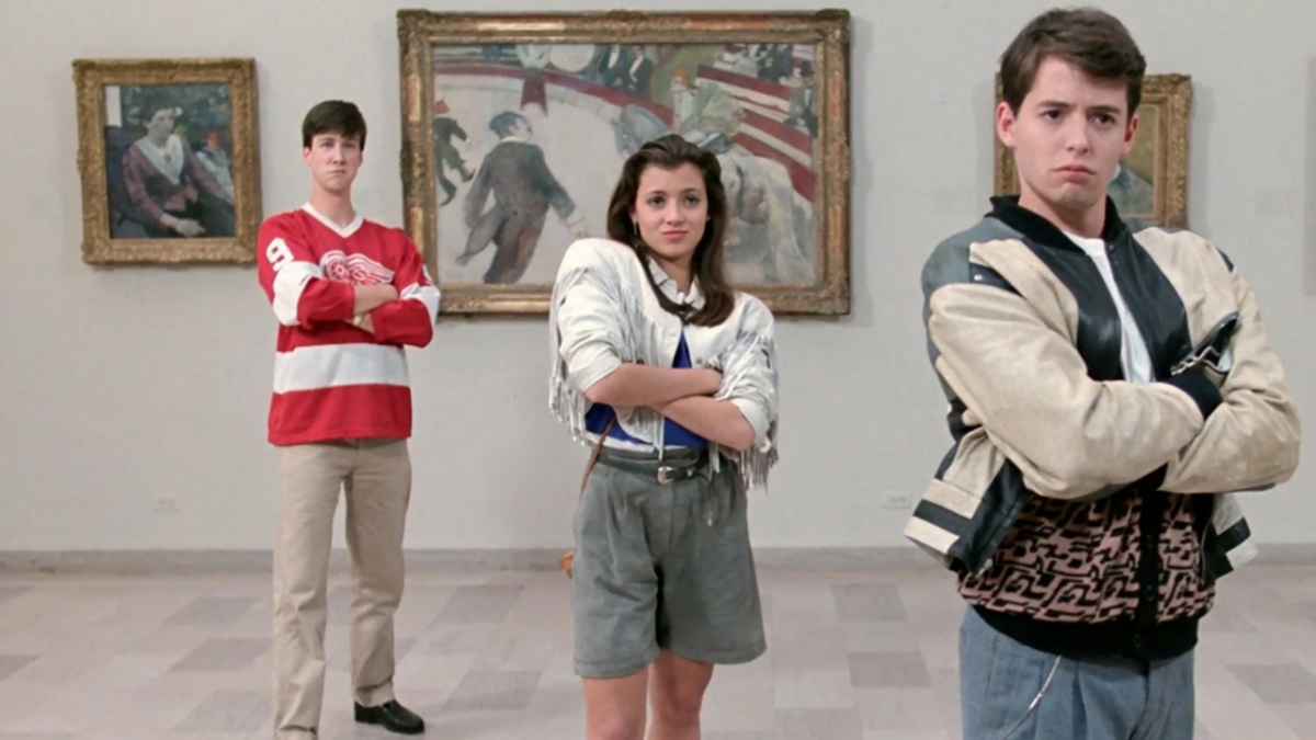 ferris, sloane, and cameron from Ferris Bueller's Day Off stand and look at art in the chicago art museum