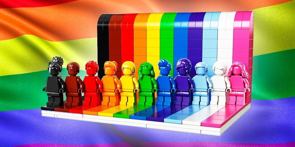 Lego minifigs in a rainbow celebrating LGBTQ positivity